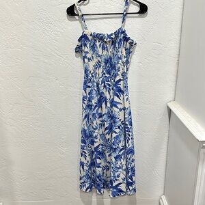 Blue and White Ruffled Knee-Length Sundress